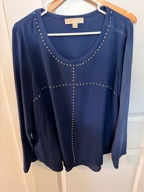 MICHAEL Michael Kors Navy Long-Sleeve Studded Scoop Neck Blouse